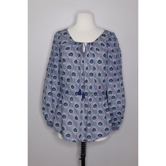 TORY BURCH Evelina Blue Peacock Feather Print Tunic Top Blouse Shirt Size 2 - Picture 1 of 13